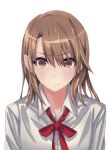  1girl brown_eyes brown_hair dress_shirt eyebrows_visible_through_hair grey_shirt hair_between_eyes highres isshiki_iroha long_hair looking_at_viewer neck_ribbon red_ribbon redpoke ribbon shirt simple_background smile solo white_background yahari_ore_no_seishun_lovecome_wa_machigatteiru. 