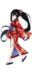  1girl absurdres black_hair floral_print full_body green_eyes hair_ornament heel_raised highres izumi_iko japanese_clothes kimono kohime_(oni_ga_kuru.) long_hair looking_at_viewer neckerchief oni oni_ga_kuru._~ane_ga_hinshi_de_pinchi_desu~ oni_horns ponytail sandals smile solo tabi transparent_background very_long_hair 