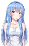  1girl bare_shoulders blue_eyes blue_hair blush breasts cleavage collarbone eyebrows_visible_through_hair highres long_hair looking_at_viewer medium_breasts off_shoulder original parted_lips solo superpig upper_body 