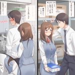  1boy 1girl blue_vest blush breasts brown_hair collared_shirt comic indoors kitazawa_(embers) large_breasts long_hair long_sleeves looking_at_another necktie office_lady original pencil_skirt shirt skirt vest violet_eyes white_shirt 