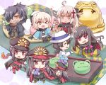  3boys 5girls ;d ahoge black_bow black_hair black_legwear black_scarf blonde_hair bow cape chibi closed_eyes dango drooling eyebrows_visible_through_hair fate/grand_order fate_(series) fedora food hair_bow hair_ornament hat high_collar holding holding_food japanese_clothes kimono long_hair low_ponytail military military_hat military_uniform multiple_boys multiple_girls oda_nobukatsu_(fate/grand_order) oda_nobunaga_(fate) okada_izou_(fate) okita_souji_(alter)_(fate) okita_souji_(fate) okita_souji_(fate)_(all) one_eye_closed open_mouth peaked_cap plate ponytail red_eyes rioshi sakamoto_ryouma_(fate) scarf short_hair short_kimono smile tassel thigh-highs tied_hair uniform wagashi white_hair white_hat yellow_eyes 