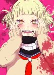  1girl blonde_hair blush boku_no_hero_academia cardigan fangs long_sleeves looking_at_viewer school_uniform serafuku smile solo teeth toga_himiko yandere_trance yellow_eyes 