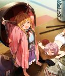  2girls =_= \o/ arms_up bangs barefoot bloomers blue_ribbon blurry blush bottle bow bowl broken chains chopsticks closed_eyes clothes_theft crying cup depth_of_field drunk eyebrows_visible_through_hair fang gourd highres holding holding_bowl horn_ribbon horns ibuki_suika japanese_clothes kimono long_hair long_sleeves lying minigirl multiple_girls needle ofuda on_stomach open_mouth orange_hair outstretched_arm outstretched_arms pink_hair pink_kimono purple_skirt pyramid reaching red_bow red_ribbon ribbon sakazuki sake_bottle shinoba shirt short_hair skirt spill sukuna_shinmyoumaru table theft topless touhou underwear wavy_mouth white_bloomers white_shirt wide_sleeves 