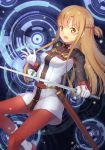  1girl artist_name asuna_(sao) blush braid breasts brown_eyes brown_hair eyebrows_visible_through_hair fang highres holding holding_sword holding_weapon long_hair looking_at_viewer medium_breasts open_mouth pantyhose red_legwear sheath solo sword sword_art_online sword_art_online_the_movie:_ordinal_scale weapon yeh_(354162698) 
