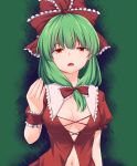  1girl bangs bow breasts brown_eyes eyebrows_visible_through_hair green_hair hair_bow hair_over_shoulder kagiyama_hina long_hair looking_at_viewer medium_breasts miyo_(ranthath) navel open_mouth puffy_short_sleeves puffy_sleeves red_bow short_sleeves solo touhou upper_body wristband 