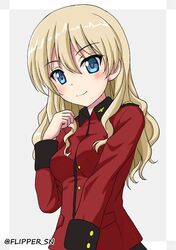  1girl alternate_hairstyle blonde_hair blue_eyes blush darjeeling flipper girls_und_panzer hair_down jacket long_hair long_sleeves looking_at_viewer military military_uniform red_jacket smile st._gloriana&#039;s_military_uniform twitter_username uniform 