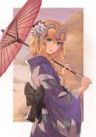  1girl absurdres blonde_hair blue_eyes braid eyebrows_visible_through_hair fate/apocrypha fate/grand_order fate_(series) flower from_side hair_flower hair_ornament highres holding holding_umbrella japanese_clothes kimono long_hair looking_at_viewer obi open_mouth oriental_umbrella red_umbrella ruler_(fate/apocrypha) sash shiko_(pixiv3834224) smile solo standing umbrella white_background white_flower yukata 