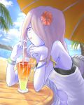  1girl absurdres bare_shoulders beach day hair_over_one_eye highres ice_keki little_witch_academia long_hair looking_at_viewer pale_skin pink_hair red_eyes sky smile solo sucy_manbavaran witch 