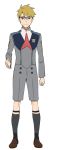  1boy blonde_hair code:056 darling_in_the_franxx full_body glasses looking_at_viewer male_focus official_art outstretched_hand purple-framed_eyewear school_uniform short_hair shorts sock_garters socks solo 