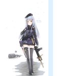  2girls absurdres black_hat black_legwear black_skirt blush character_name closed_mouth eyebrows_visible_through_hair g11_(girls_frontline) girls_frontline gloves green_eyes gun hat highres hk416_(girls_frontline) holding holding_gun holding_weapon long_hair looking_at_viewer lying mre multiple_girls on_stomach silver_hair skirt smile sobmarine thigh-highs weapon white_gloves 