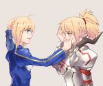  2girls afternoir ahoge armor artoria_pendragon_(all) blue_eyes blue_ribbon blush braid crying fate/grand_order fate_(series) father_and_daughter french_braid green_eyes juliet_sleeves long_sleeves multiple_girls ponytail puffy_sleeves ribbon saber saber_of_red smile tan_background tears wiping_face wiping_tears 