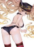  1girl ass bangs bent_over bikini black_bikini blush closed_mouth cowboy_shot from_behind granblue_fantasy hat highres light_brown_hair long_hair looking_back lowleg lowleg_bikini luicent monica_(granblue_fantasy) peaked_cap pink_legwear simple_background solo strap_gap swimsuit thigh-highs twintails very_long_hair violet_eyes white_background 