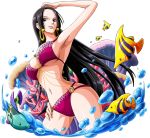  1girl armpits bikini black_hair blue_eyes boa_hancock bodskih breasts cleavage fish floating_hair hand_on_hip large_breasts long_hair lowres navel o-ring_bikini one_piece parted_lips red_bikini sideboob smile solo standing swimsuit transparent_background under_boob very_long_hair wading 