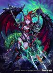  1girl armor armored_boots bat_wings boots breasts cleavage copyright_name demon_girl earrings fangs force_of_will gloves green_eyes jewelry long_hair midriff night night_sky official_art pointy_ears polearm ponytail purple_skin redhead rock sky snake solo teeth trident weapon wings 