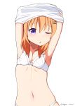  1girl :o arms_up bangs bra breasts cleavage collarbone commentary_request eyebrows_visible_through_hair gochuumon_wa_usagi_desu_ka? hair_between_eyes hair_ornament hairclip highres hoto_cocoa long_hair looking_at_viewer navel nyaroon open_mouth orange_hair panties pink_bra pink_panties simple_background small_breasts solo stomach twitter_username underwear underwear_only undressing violet_eyes white_background white_bra white_panties 