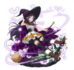  :d black_hat black_legwear black_shorts broom broom_riding brown_eyes brown_footwear dress floating_hair frilled_shorts frills full_body halloween halloween_costume hand_on_headwear hat headband layered_dress long_hair looking_at_viewer open_mouth pointy_ears purple_hair shorts shorts_under_dress simple_background sleeveless smile sword_art_online thigh-highs very_long_hair white_background witch_hat yuuki_(sao) 