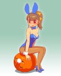  1girl animal_ears blue_leotard blue_neckwear bow bowtie breasts brown_hair bunny_tail bunnysuit detached_collar detached_tail fukusuke_hachi-gou full_body gradient gradient_background green_background hair_ribbon jack-o&#039;-lantern leotard long_hair original pantyhose ponytail rabbit_ears red_eyes ribbon sitting small_breasts strapless strapless_leotard tail wrist_cuffs yellow_ribbon 