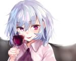 1girl alcohol asuzemu bangs blue_hair cup drinking_glass fangs glass holding_glass looking_at_viewer parted_lips red_eyes remilia_scarlet short_hair smile solo touhou upper_body white_background wine wine_glass wing_collar 