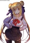  1girl bangs black_legwear black_skirt blonde_hair blue_ribbon blush bow bowtie breasts closed_mouth contrapposto double_bun eyebrows_visible_through_hair gao_(gaolukchup) hair_ribbon hands_on_hips high-waist_skirt large_breasts long_hair long_sleeves looking_at_viewer orange_eyes original red_bow red_skirt ribbon shirt simple_background skirt smile solo standing tareme thigh-highs underbust very_long_hair white_background white_shirt zettai_ryouiki 