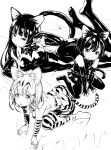  3girls all_fours animal_ears bare_shoulders bed_sheet black_gloves bodysuit bow bowtie breasts cat_ears cat_tail commentary elbow_gloves extra_ears fingerless_gloves fukushima_masayasu garter_straps gloves greyscale high_contrast highres kemono_friends large_breasts long_hair looking_at_viewer lying monochrome multiple_girls on_side original personification photo_reference shirt short_hair sitting skirt sleeveless sleeveless_shirt striped striped_gloves striped_legwear striped_skirt striped_tail tail wariza 