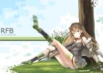  1girl absurdres black_gloves blush bow breasts brown_hair character_name closed_mouth collarbone dog_tags eyebrows_visible_through_hair fingerless_gloves girls_frontline gloves green_bow green_legwear hair_bow highres looking_at_viewer medium_breasts panties rfb_(girls_frontline) sitting smile sobmarine solo striped striped_legwear underwear white_panties 