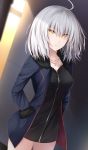  1girl ahoge black_dress black_footwear black_jacket breasts coat cowboy_shot dress eyebrows_visible_through_hair fate/grand_order fate_(series) full-length_zipper fur-trimmed_coat fur-trimmed_sleeves fur_trim gradient hands_in_pockets jacket jeanne_d&#039;arc_(alter)_(fate) jeanne_d&#039;arc_(fate)_(all) jewelry kanpyou_(hghgkenfany) looking_at_viewer medium_breasts necklace open_clothes open_coat open_jacket short_dress short_hair silver_hair solo wicked_dragon_witch_ver._shinjuku_1999 yellow_eyes zipper 