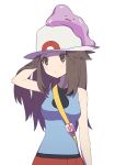 1girl bag bare_arms blue_(pokemon) blush breasts brown_eyes brown_hair closed_eyes closed_mouth ditto expressionless half-closed_eyes hat long_hair looking_to_the_side on_head open_mouth pokemon pokemon_(creature) pokemon_(game) pokemon_frlg red_skirt shirt simple_background skirt sleeveless sleeveless_shirt sun_hat unini_99 wavy_mouth white_background 