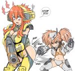  2girls armor ass_punch blush breasts cannon cleavage english gun height_difference hmage large_breasts mecha_musume multiple_girls navel orange_hair panties punching reaper_(titanfall_2) scorch_(titanfall_2) small_breasts smile sound_effects thigh-highs titanfall titanfall_2 underwear weapon 