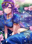  1girl blurry box_(hotpppink) character_name copyright_name depth_of_field earrings fate/grand_order fate_(series) flower hair_flower hair_ornament indian_clothes jewelry long_hair looking_at_viewer lotus matou_sakura navel necklace parvati_(fate/grand_order) petals purple_hair smile solo violet_eyes 