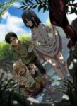  1girl 2boys armin_arlert black_eyes black_hair black_pants blonde_hair blue_sky brown_pants closed_eyes day dress dress_lift dutch_angle eren_yeager green_eyes grey_shirt hair_between_eyes leaning_forward long_hair mesushirindaa mikasa_ackerman multiple_boys open_mouth outdoors pants shingeki_no_kyojin shirt sitting sky soaking_feet water white_dress 