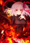  1girl breasts dark_persona dark_sakura eclipse fate/stay_night fate_(series) fire hair_ribbon highres iroha_(shiki) large_breasts long_hair matou_sakura red_eyes ribbon smile solo tattoo turtleneck white_hair 