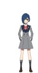  1girl blue_hair brown_footwear code:015 darling_in_the_franxx expressionless full_body green_eyes hair_ornament hair_over_one_eye hairclip hands_in_pockets looking_at_viewer mary_janes official_art shoes sock_garters socks solo 