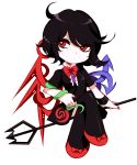  1girl absurdres asymmetrical_wings black_dress black_hair black_legwear chibi dress highres houjuu_nue polearm red_eyes sheya simple_background snake touhou trident weapon white_background wings wristband 