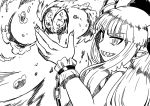  1girl arm_up bangs chains commentary_request eyebrows_visible_through_hair fingernails greyscale highres himajin_no_izu horns ibuki_suika long_hair looking_at_viewer monochrome pointy_ears sharp_fingernails sharp_teeth sidelocks slit_pupils solo teeth touhou upper_body 