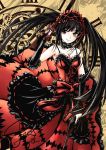  1girl black_hair breasts choker cleavage clock_eyes collarbone date_a_live detached_sleeves dress floating_hair gothic_lolita goyanajou gun hairband highres holding holding_gun holding_weapon lolita_fashion lolita_hairband long_hair looking_at_viewer medium_breasts red_dress red_eyes signature sketch sleeveless sleeveless_dress smile solo standing symbol-shaped_pupils tokisaki_kurumi twintails very_long_hair weapon 