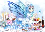  1girl 2015 blue_dress blue_eyes blue_hair blue_ribbon blue_wings bottle butterfly butterfly_wings date_a_live dress eyebrows_visible_through_hair eyepatch gyaza hair_between_eyes hair_ornament heart heart_print layered_dress long_hair looking_at_viewer ribbon short_dress short_sleeves solo striped striped_legwear thigh-highs transparent wings yoshino_(date_a_live) yoshinon 