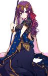  1girl :o absurdres bracelet breasts earrings fate/grand_order fate_(series) hair_ornament hair_ribbon highres indian_clothes jewelry large_breasts long_hair looking_at_viewer matou_sakura osanai parvati_(fate/grand_order) polearm purple_hair ribbon shawl solo violet_eyes weapon white_background 