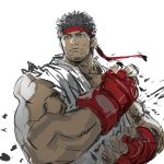  1boy black_hair commentary_request dougi fighting_stance fingerless_gloves gloves grey_eyes headband highres male_focus muscle red_gloves ryuu_(street_fighter) short_hair sketch sleeveless solo street_fighter thick_eyebrows yasuda_akira 