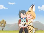  2girls :d ^_^ animal_ears bare_shoulders black_gloves black_hair black_legwear blonde_hair blue_sky bow bowtie chair closed_eyes clouds commentary_request day elbow_gloves gloves grass hair_between_eyes happy highres hug kaban_(kemono_friends) kemono_friends lucky_beast_(kemono_friends) multiple_girls nature open_mouth outdoors pantyhose pantyhose_under_shorts print_gloves print_neckwear print_skirt red_shirt serval_(kemono_friends) serval_ears serval_print serval_tail shirt short_hair shorts sitting skirt sky sleeveless sleeveless_shirt smile sumemako tail tree white_shirt 