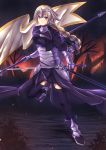  &gt;:( absurdres armor armored_boots armored_dress blonde_hair boots braid breasts chains embers fate/apocrypha fate_(series) hair_ribbon headpiece highres large_breasts long_braid long_hair looking_at_viewer purple_legwear purple_ribbon ribbon ruler_(fate/apocrypha) scabbard sheath single_braid standard_bearer standing standing_on_one_leg sword thigh-highs thighs violet_eyes waist_cape weapon zephx 