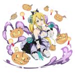  1girl bandage between_legs blonde_hair blue_gloves bow breasts candle cleavage collarbone gloves green_eyes hair_between_eyes hair_bow halloween_costume hand_between_legs kneeling layered_skirt leafa long_hair looking_at_viewer medium_breasts pointy_ears ponytail pumpkin sidelocks solo star sword_art_online tongue tongue_out transparent_background 