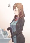  1girl black_jacket breasts brown_hair copy_machine highres jacket kitazawa_(embers) large_breasts long_hair long_sleeves looking_away office_lady original red_neckwear simple_background solo violet_eyes white_background 