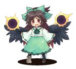  brown_hair chibi detached_sleeves fang hair_bow hair_ribbon hair_ribbons japanese_clothes long_hair lowres miko pote_(ptkan) ptkan red_eyes reiuji_utsuho ribbon ribbons touhou wings 