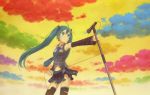  clouds colorful detached_sleeves green_eyes green_hair hatsune_miku kb kirobaito long_hair microphone microphone_stand necktie sky thigh-highs thighhighs torn_clothes twintails vocaloid zettai_ryouiki 