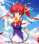  bag cherry_blossoms game_cg hair_ribbon long_hair lyrical_ds lyrical_lyric mikeou mouth_hold red_hair redhead ribbon school_uniform toast toast_in_mouth twintails wink 
