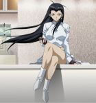  black_hair blue_eyes boots cap china_dress chinadress chinese_clothes crossed_legs earrings fingerless_gloves gloves ikkitousen jewelry kakouen_myousai legs long_hair magatama screencap sitting stitched wind 