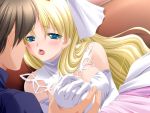  blonde_hair blue_eyes breasts brown_hair close-up dress elbow_gloves eye_contact french_kiss game_cg gloves hair_ribbon holding_hands ijitte_princess interlocked_fingers kiss large_breasts long_hair open_mouth prince_shin ribbon sakura_hanatsumi saliva saliva_trail short_hair tongue tongue_kiss turtleneck very_long_hair wedding_dress 