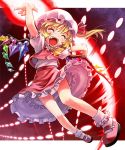  \o/ arms_up blonde_hair closed_eyes danmaku fang fingernails flandre_scarlet happy hat katahira_masashi laevatein mary_janes open_mouth outstretched_arms petticoat shoes short_hair side_ponytail socks touhou wings 
