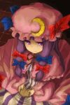  book crescent hat highres long_hair nail_polish oso oso_(toolate) patchouli_knowledge purple_hair ribbon ribbons solo touhou 