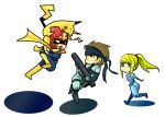  1girl 2boys artist_request blue_eyes brown_hair captain_falcon chibi f-zero gloves headband helmet metal_gear_solid metroid multiple_boys pikachu pokemon pokemon_(creature) ponytail samus_aran scarf solid_snake super_smash_bros. tail weapon zero_suit 